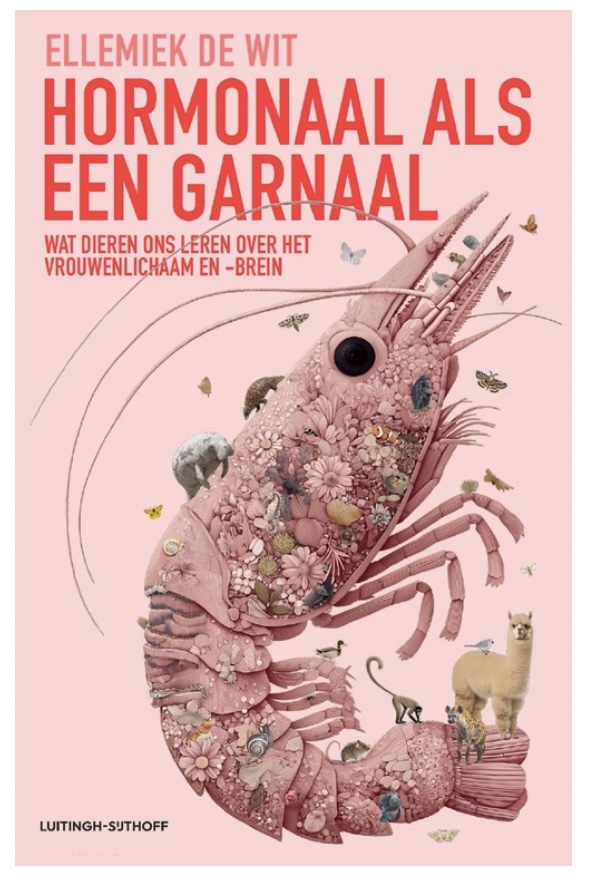 Roze cover met een garnaal 'Hormonaal als een garnaal'